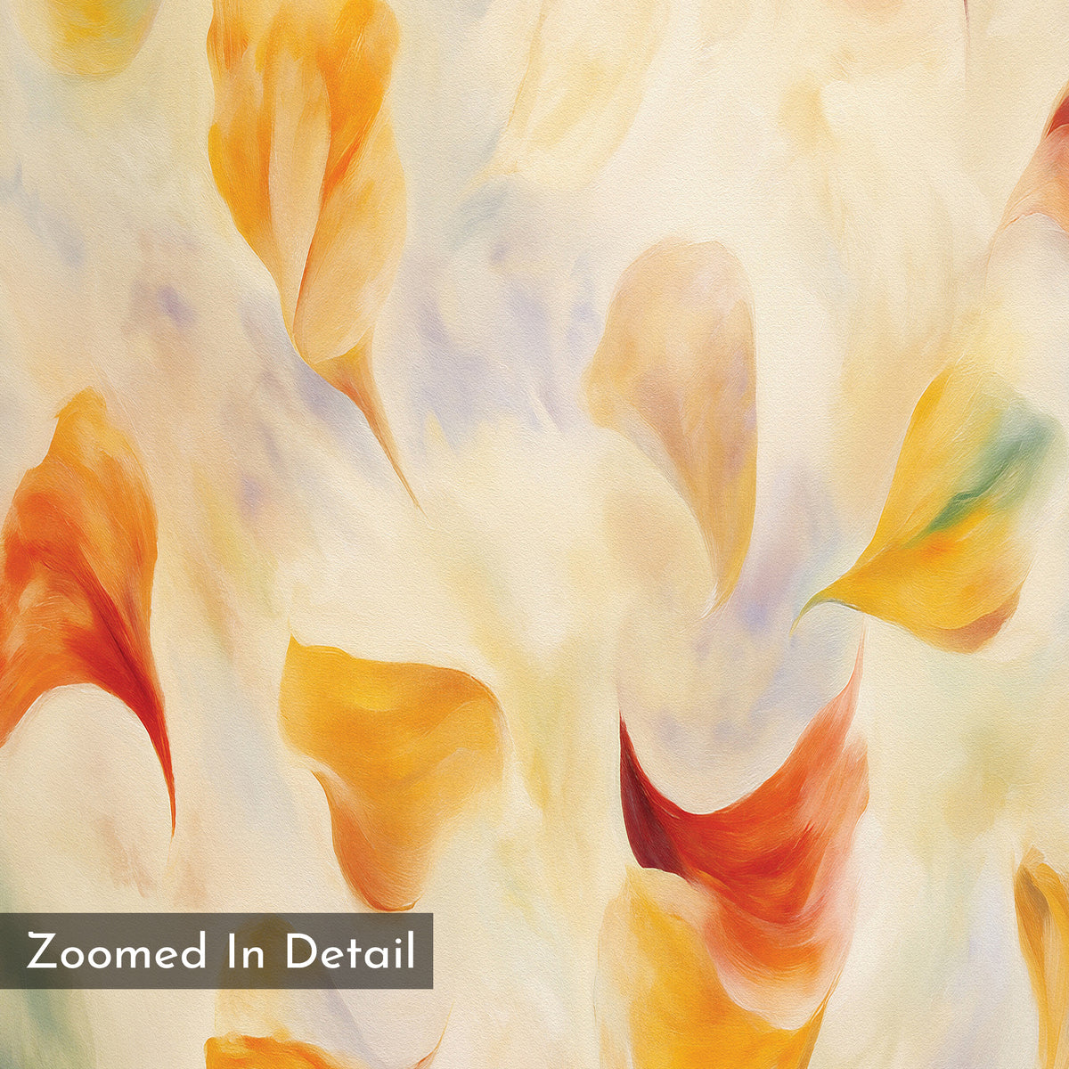 Floating Petals Canvas Art - Vertical features soft, flowing shapes in warm orange, yellow, and red hues with touches of green and purple. Its smooth texture evokes organic elegance. A corner label reads: Zoomed In Detail on this canvas print.