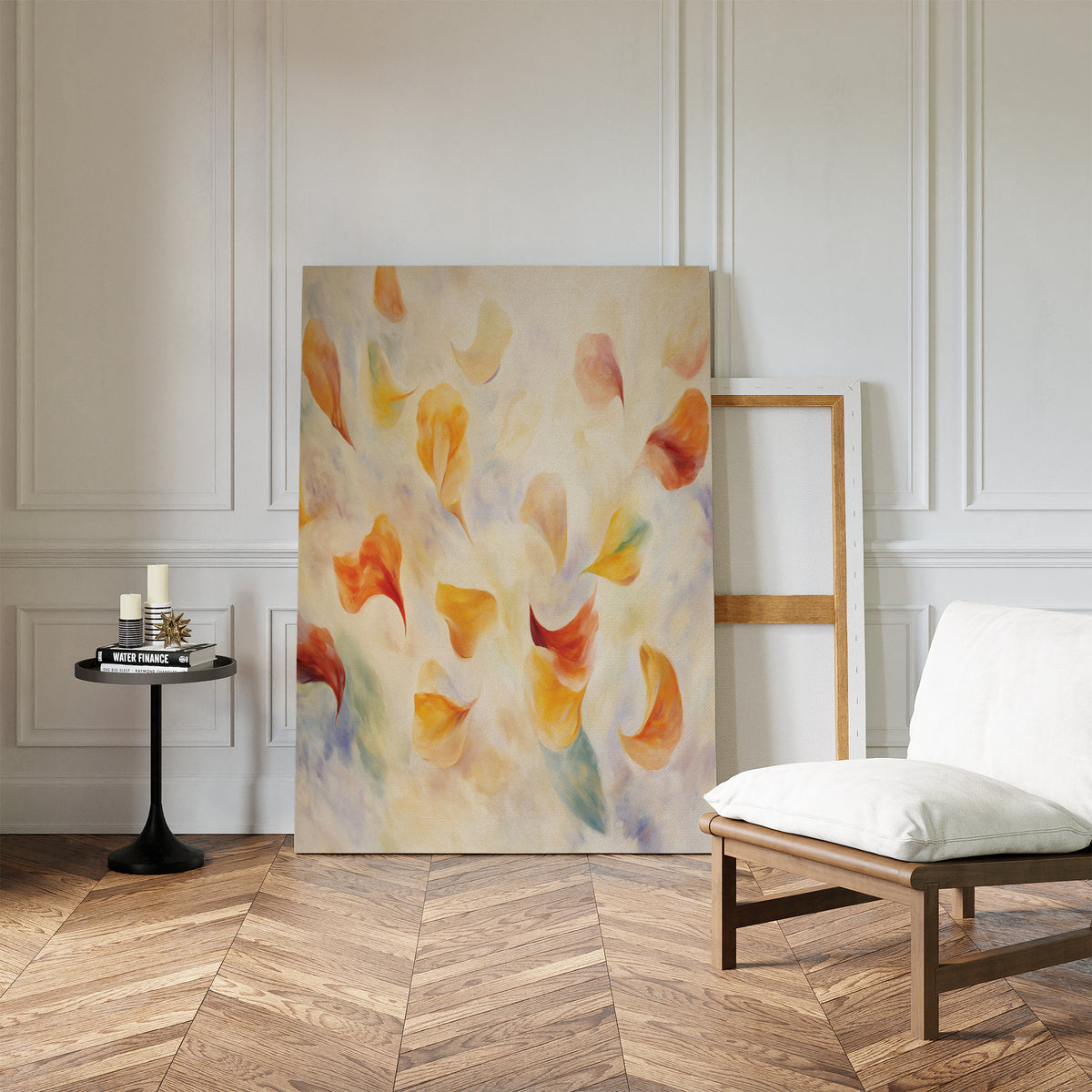The Floating Petals Canvas Art - Vertical, featuring vibrant swirling shapes, leans against a white paneled wall in a sunlit room, adding organic elegance to herringbone floors and accenting the chair and candlelit table.