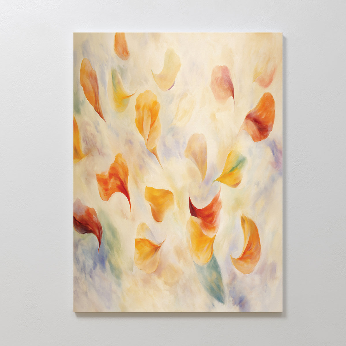 The "Floating Petals Canvas Art - Vertical" displays swirling yellow, orange, red, and green petals on a soft background, radiating organic elegance—an ideal canvas print to brighten any space.