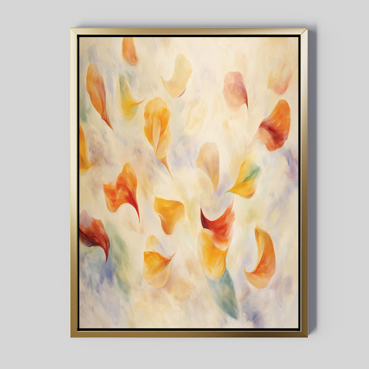 Floating Petals Canvas Art - Vertical" showcases swirling, petal-inspired shapes in warm hues on a soft backdrop, blending organic elegance and gentle movement—an inviting gold-framed canvas for any space.