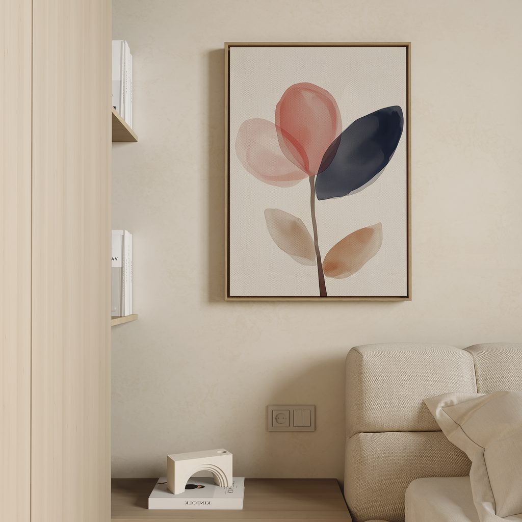 A minimalist living room featuring a beige couch and the Petal Breeze Canvas Art—abstract red, navy, and beige leaves—on the wall, with wooden shelves of books and a small white floor lamp for stylish decor.