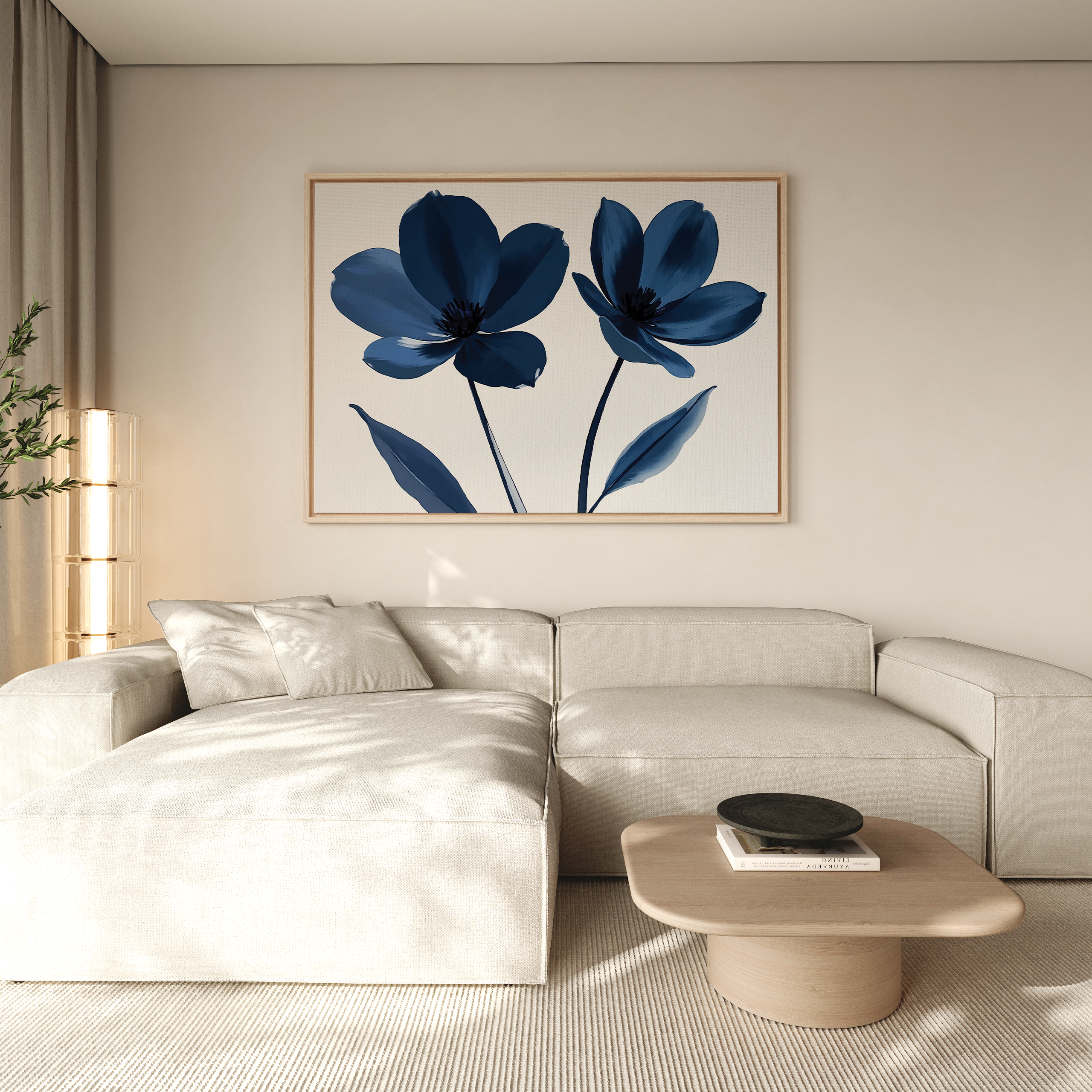 A modern living room features a light beige sectional, a wooden coffee table with a black bowl, and the Navy Flora Canvas Art as bold wall decor. Soft natural light streams through windows with sheer curtains.