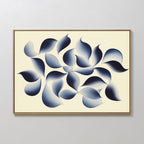Flowing Shadows Canvas Art - Horizontal displays soft, gradient blue and white leaf shapes on a cream background in a slim wooden frame—ideal for bringing a calming modern vibe to your living room. Shown here against a light grey wall.