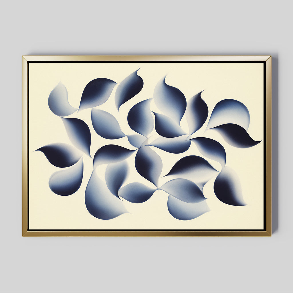 Flowing Shadows Canvas Art - Horizontal features soft, overlapping navy blue shapes on a light beige background, framed with a thin gold border for a modern touch—ideal indigo wall art for contemporary living rooms.