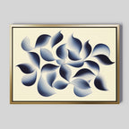 Flowing Shadows Canvas Art - Horizontal features soft, overlapping navy blue shapes on a light beige background, framed with a thin gold border for a modern touch—ideal indigo wall art for contemporary living rooms.