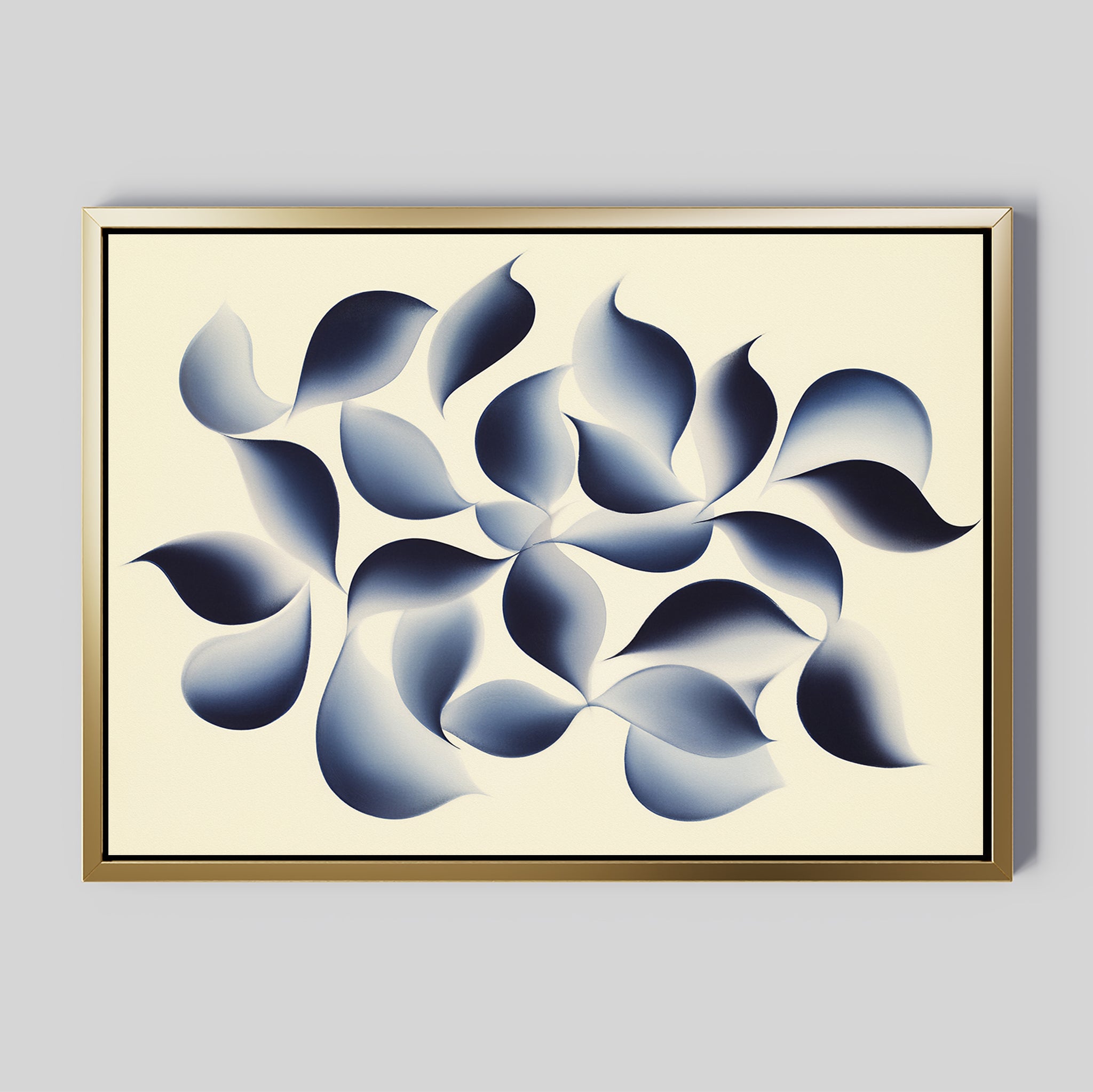 Flowing Shadows Canvas Art - Horizontal features soft, overlapping navy blue shapes on a light beige background, framed with a thin gold border for a modern touch—ideal indigo wall art for contemporary living rooms.