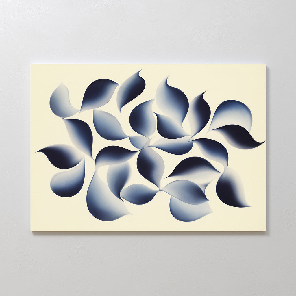 Flowing Shadows Canvas Art - Horizontal features dark blue and gray gradient leaf-like forms swirling on a light beige background. This indigo wall art adds dynamic movement, perfect for enhancing modern living rooms.