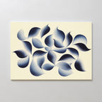 Flowing Shadows Canvas Art - Horizontal features dark blue and gray gradient leaf-like forms swirling on a light beige background. This indigo wall art adds dynamic movement, perfect for enhancing modern living rooms.