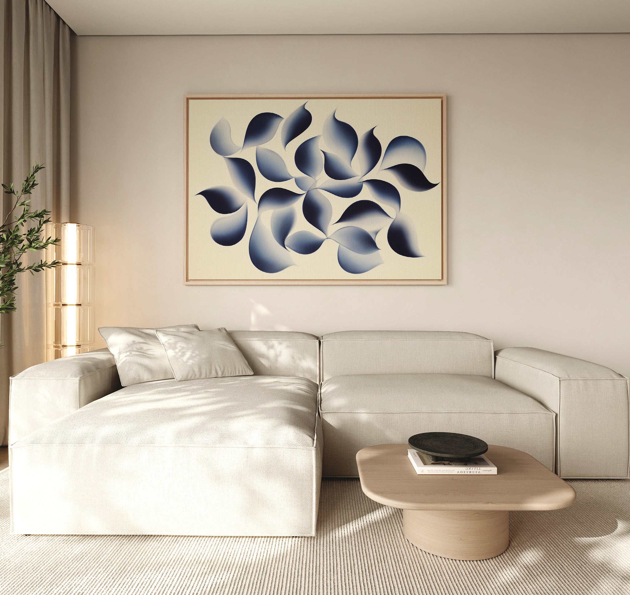 A modern, minimal living room with a light beige sectional sofa, low wooden coffee table, and the Flowing Shadows Canvas Art - Horizontal on the wall. Soft natural light filters through curtains beside a tall corner plant.