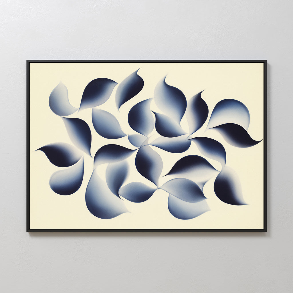 Flowing Shadows Canvas Art - Horizontal features a cluster of soft, gradient blue shapes like leaves or petals on a light beige background with a thin black frame—perfect indigo wall art for modern living rooms.