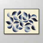 Flowing Shadows Canvas Art - Horizontal features a cluster of soft, gradient blue shapes like leaves or petals on a light beige background with a thin black frame—perfect indigo wall art for modern living rooms.
