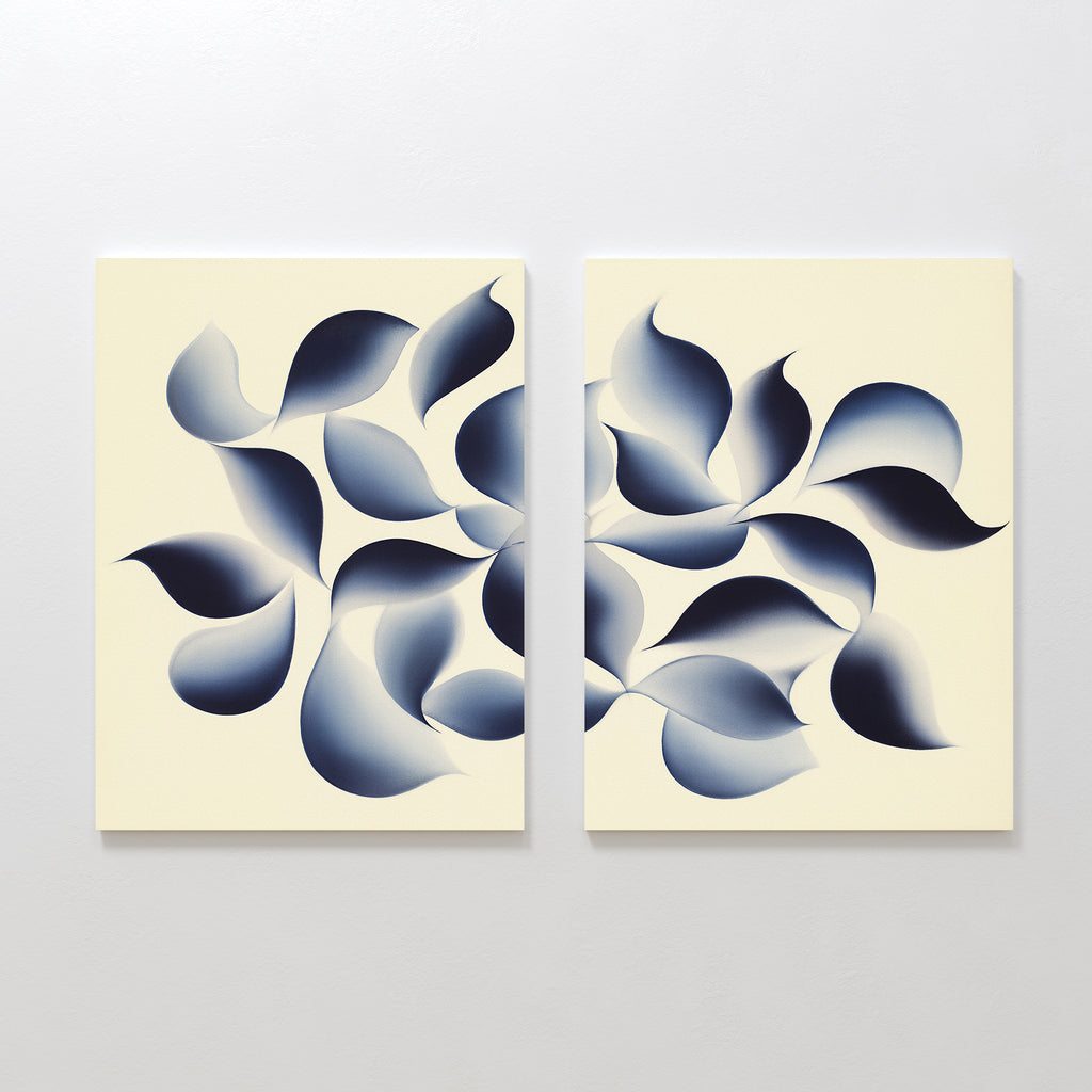 Flowing Shadows - Set of 2 showcases indigo abstract canvas prints with swirling dark blue, leaf-like shapes on a beige background, bringing movement and modern balance—ideal for living room decor.