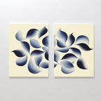 Flowing Shadows - Set of 2 showcases indigo abstract canvas prints with swirling dark blue, leaf-like shapes on a beige background, bringing movement and modern balance—ideal for living room decor.