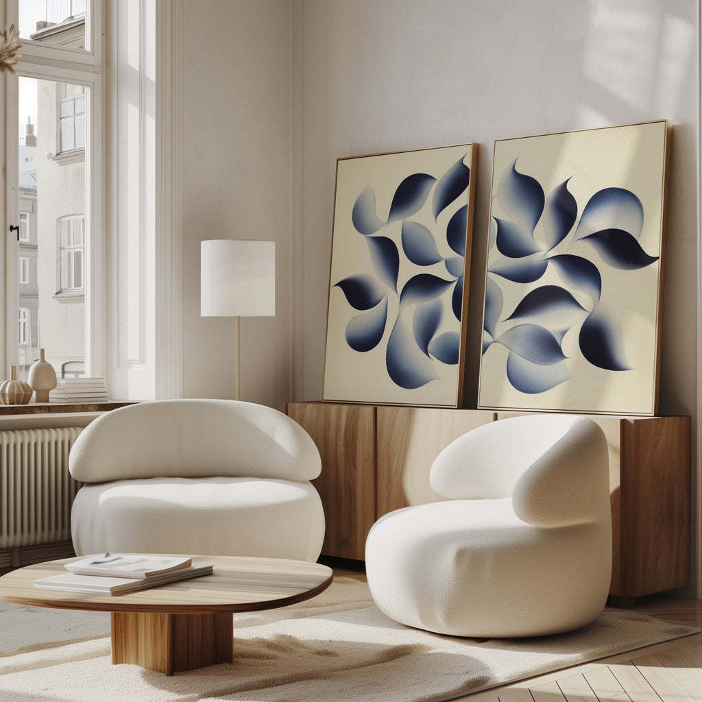A room with white chairs and a table, accented by the "Flowing Shadows - Set of 2" abstract canvas prints for modern living room decor.