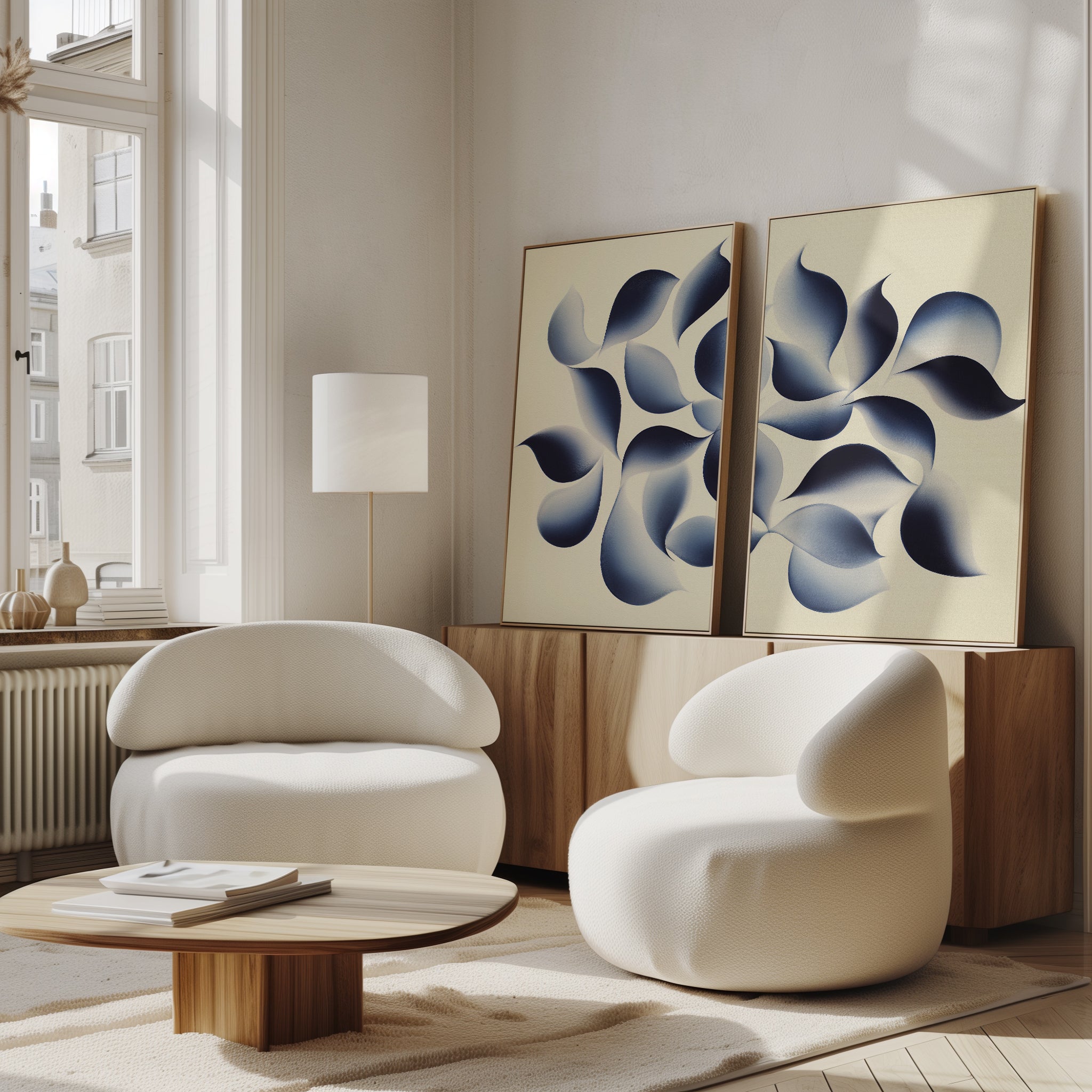 A room with white chairs and a table, accented by the "Flowing Shadows - Set of 2" abstract canvas prints for modern living room decor.