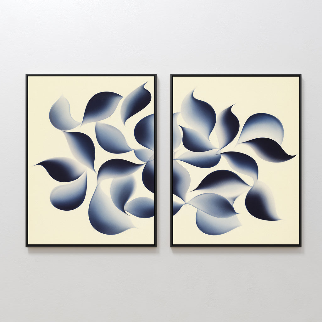 Flowing Shadows - Set of 2: framed abstract canvas prints with overlapping gradient blue petal shapes on a beige background, arranged side by side—ideal modern decor for your living room.