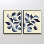 Flowing Shadows - Set of 2: framed abstract canvas prints with overlapping gradient blue petal shapes on a beige background, arranged side by side—ideal modern decor for your living room.