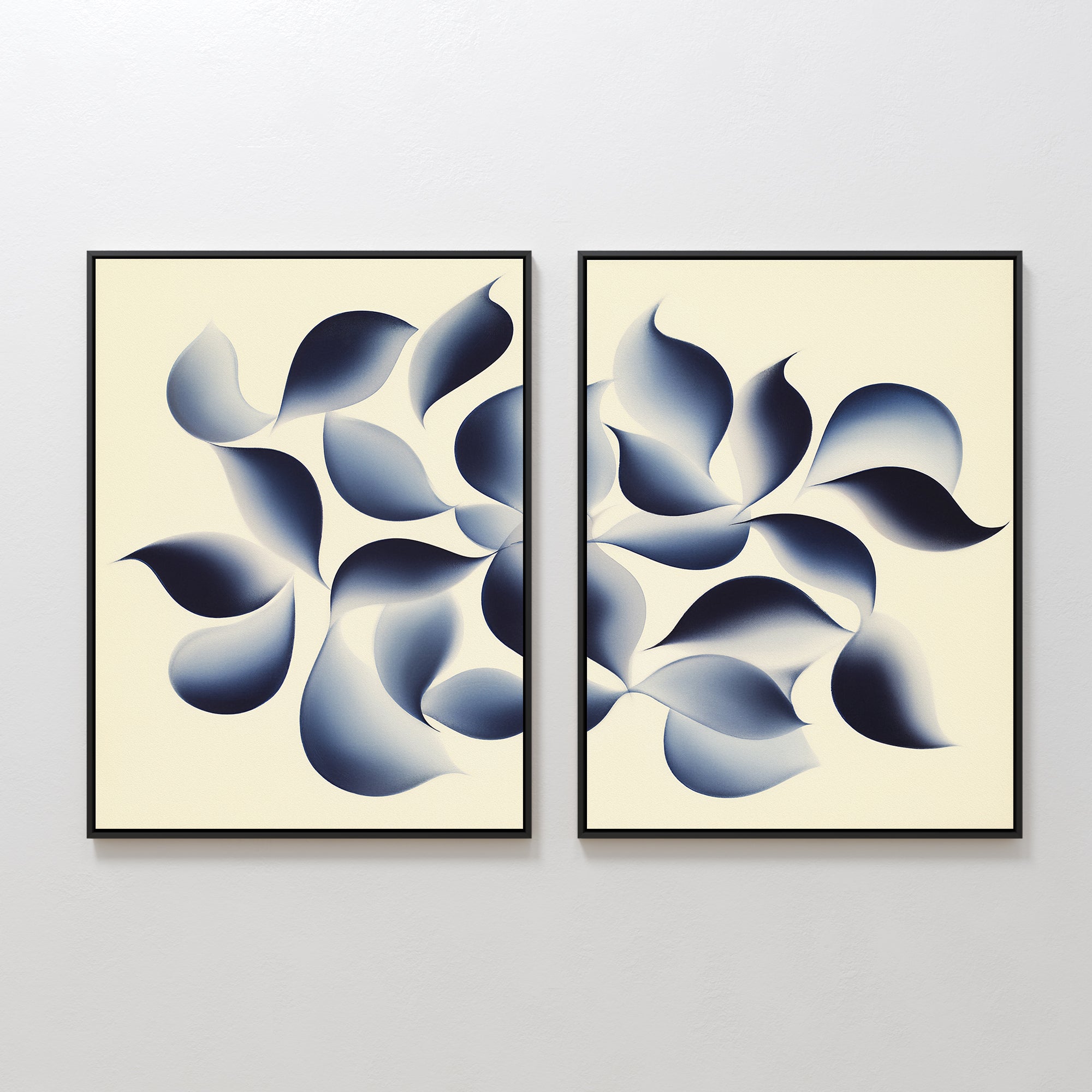 Flowing Shadows - Set of 2: framed abstract canvas prints with overlapping gradient blue petal shapes on a beige background, arranged side by side—ideal modern decor for your living room.