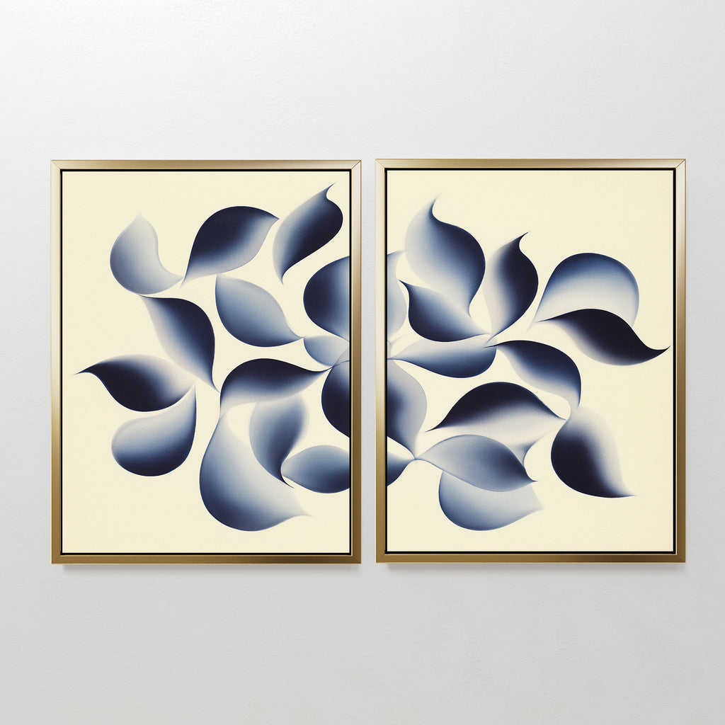 Flowing Shadows - Set of 2: Framed abstract canvas prints with overlapping blue and gray leaf-inspired shapes on a beige background, perfect minimalist indigo wall art to elevate your modern living room decor.