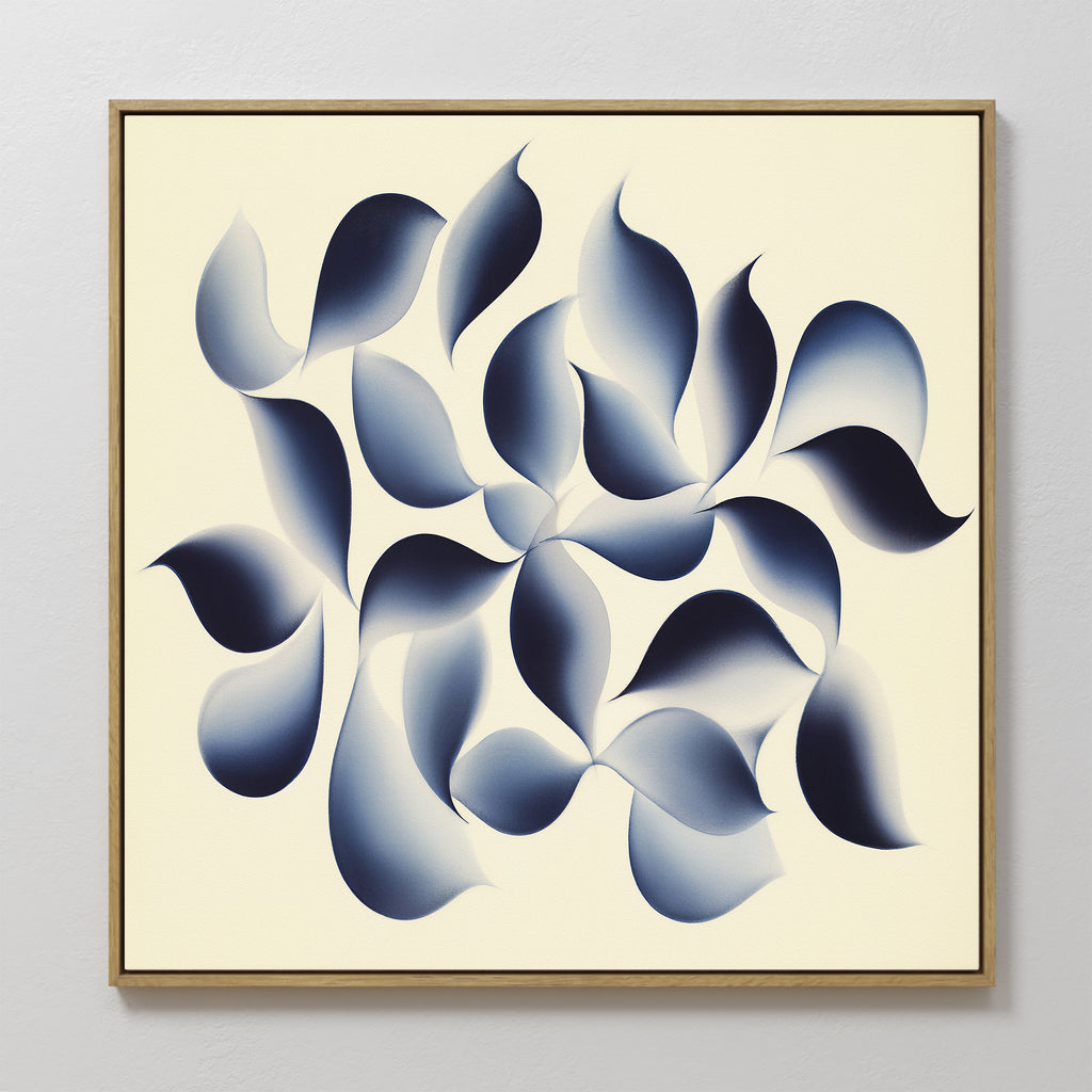 Flowing Shadows Canvas Art - Square features soft, curved shapes in gradient indigo and blue on a light cream background. Elegantly framed in thin wood, it's perfect for modern living room decor with its organic, contemporary design.