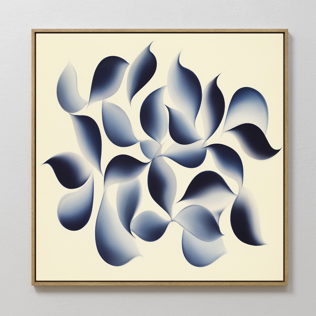 Flowing Shadows Canvas Art - Square features soft, curved shapes in gradient indigo and blue on a light cream background. Elegantly framed in thin wood, it's perfect for modern living room decor with its organic, contemporary design.