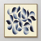 Flowing Shadows Canvas Art - Square features soft, curved shapes in gradient indigo and blue on a light cream background. Elegantly framed in thin wood, it's perfect for modern living room decor with its organic, contemporary design.