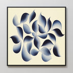 The Flowing Shadows Canvas Art - Square features overlapping gradient blue shapes like leaves or petals on a light background, making it perfect indigo wall art for modern living room decor.