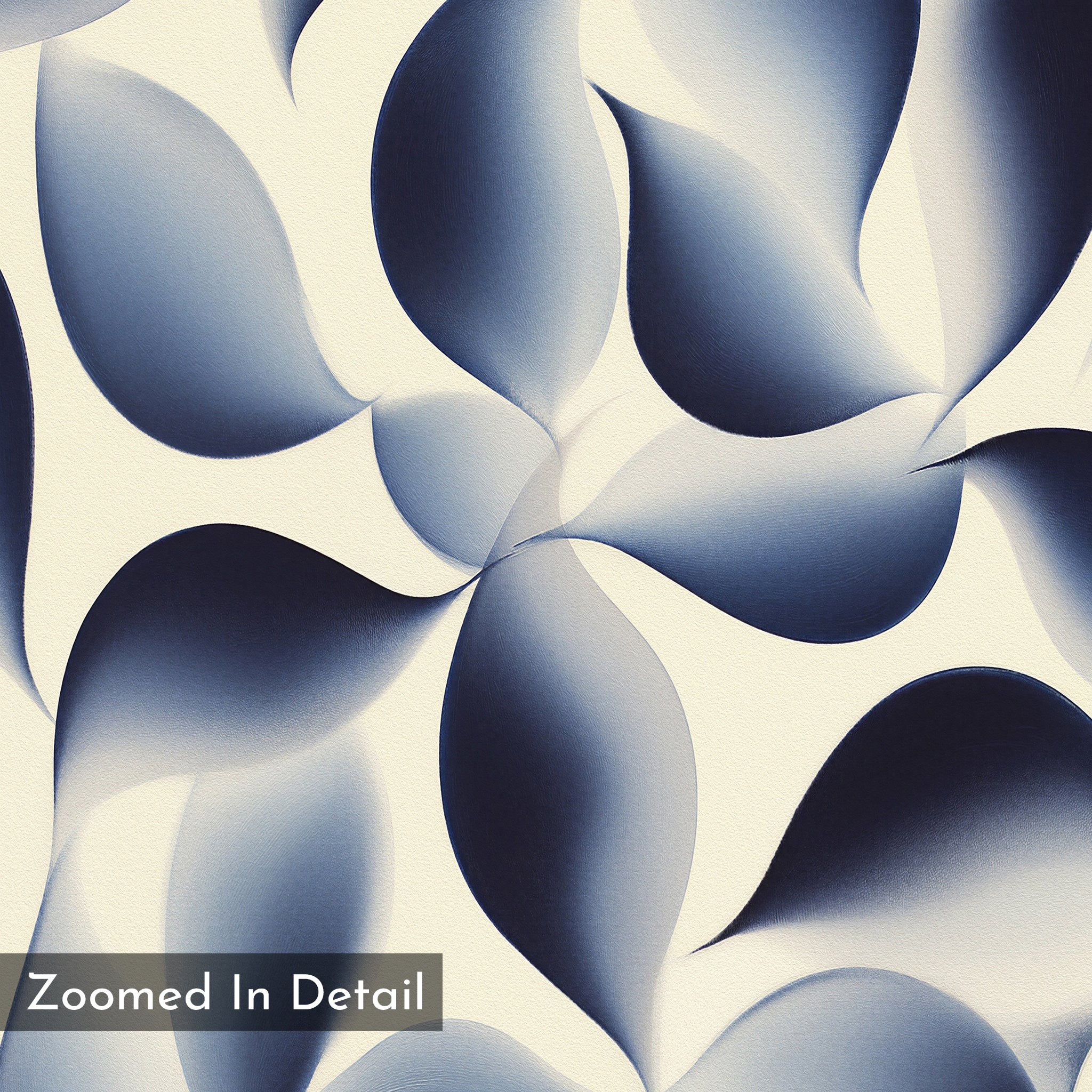 Flowing Shadows Canvas Art - Square features overlapping curved shapes in blue and cream gradients, creating a soft, flowing look—ideal indigo wall art for modern living rooms. A translucent box with "Zoomed In Detail" appears in the bottom left corner.