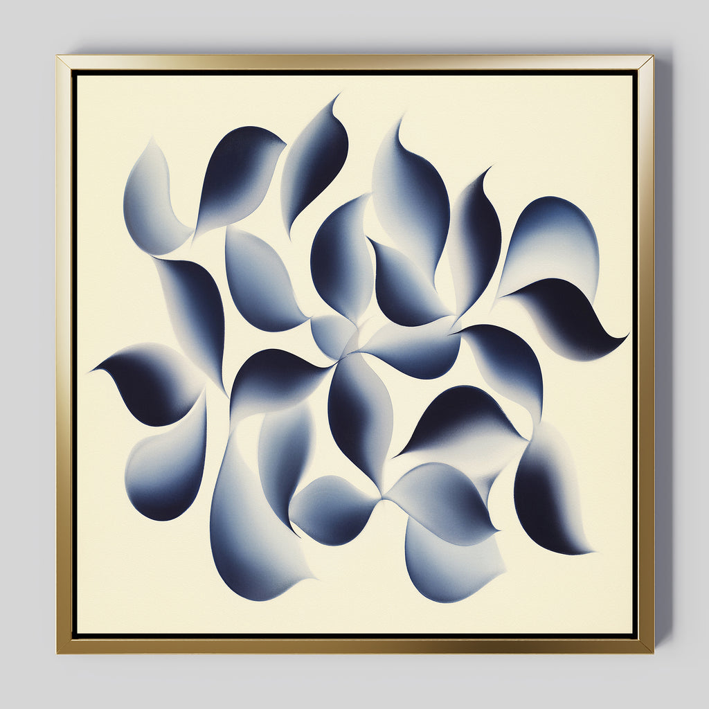 Flowing Shadows Canvas Art - Square features overlapping, gradient blue shapes on a light background, framed in gold and black—perfect indigo wall art to elevate your modern living room decor.