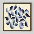 Flowing Shadows Canvas Art - Square features overlapping, gradient blue shapes on a light background, framed in gold and black—perfect indigo wall art to elevate your modern living room decor.