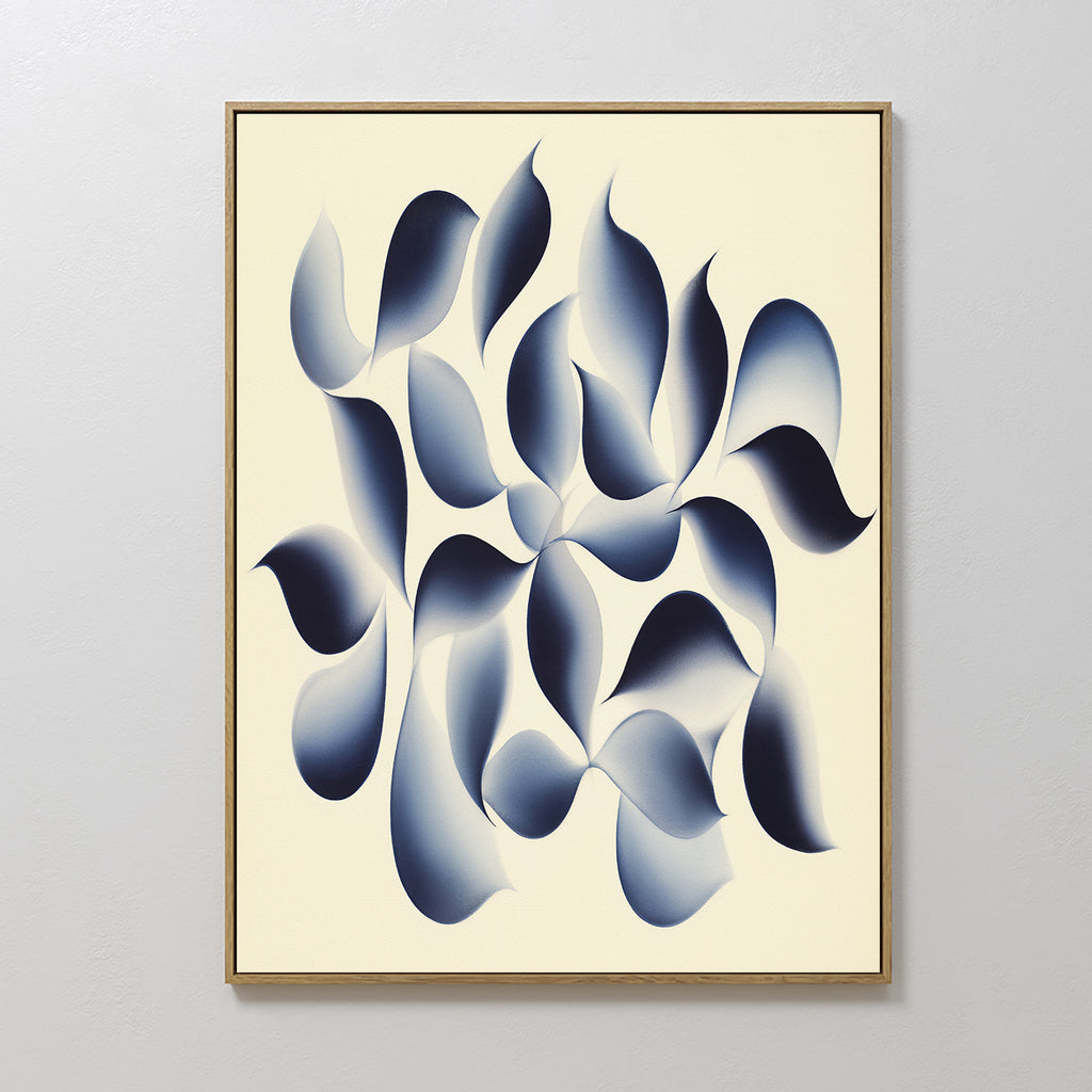 The Flowing Shadows Canvas Art - Vertical features abstract, gradient navy and blue shapes on a beige background, creating a calming modern look—perfect wall art for your living room decor.