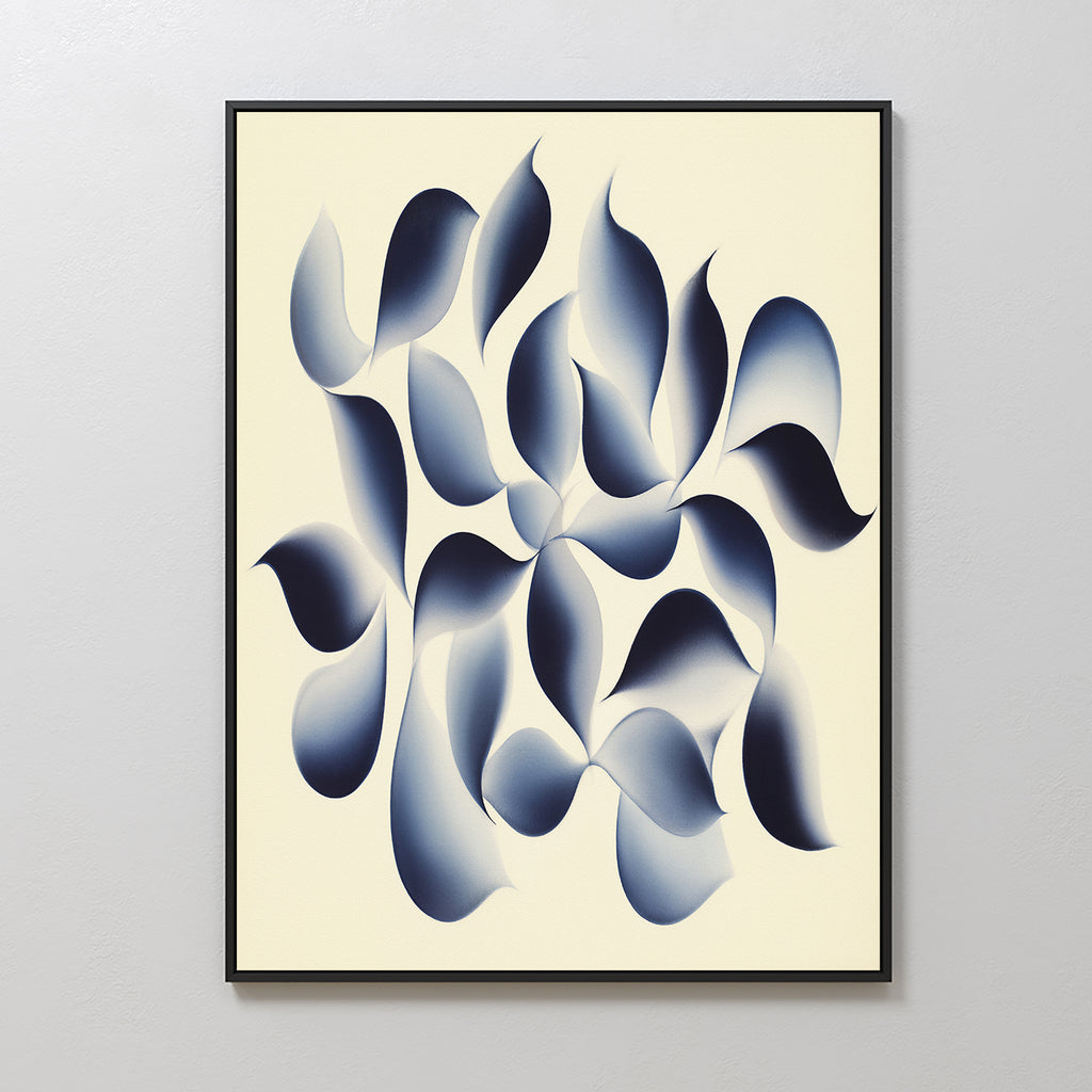 Flowing Shadows Canvas Art - Vertical features soft, curved shapes in dark blue on a light beige background. This calming wall art comes in a thin black frame, making it perfect for modern living room decor.