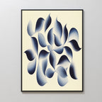 Flowing Shadows Canvas Art - Vertical features soft, curved shapes in dark blue on a light beige background. This calming wall art comes in a thin black frame, making it perfect for modern living room decor.