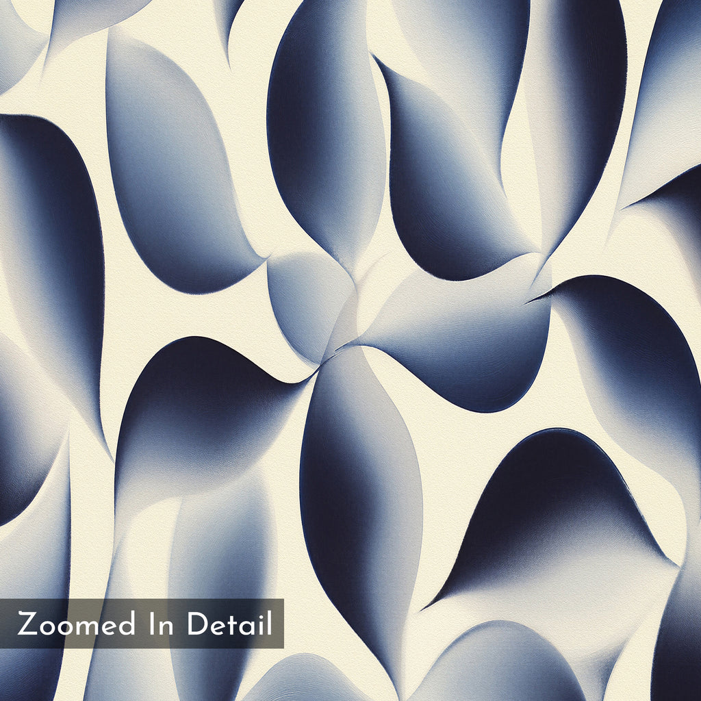 Overlapping blue and white curves with a soft gradient create a calming abstract design. "Flowing Shadows Canvas Art - Vertical" in the corner—ideal as modern wall art or a bold, contemporary canvas print for your living room.