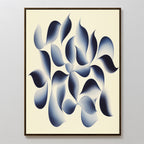 Flowing Shadows Canvas Art - Vertical features soft, gradient navy shapes resembling petals or leaves on a cream background with a thin dark frame—ideal as calming modern wall art for your living room.