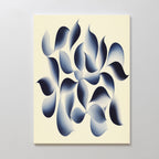 Flowing Shadows Canvas Art - Vertical features a cream background with swirling, gradient blue and black petal-like shapes, creating a calming abstract piece ideal for modern living room wall decor.