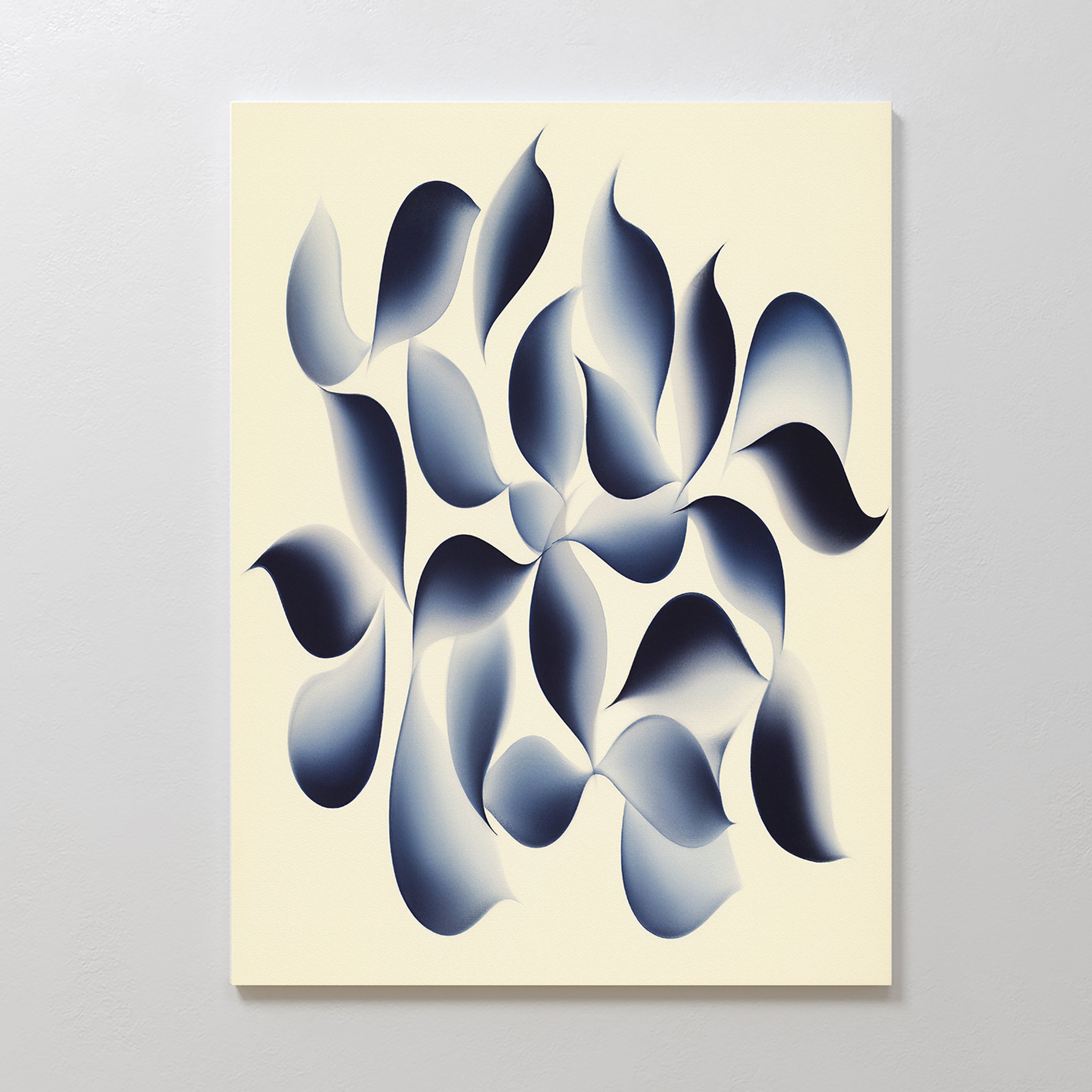 Flowing Shadows Canvas Art - Vertical features a cream background with swirling, gradient blue and black petal-like shapes, creating a calming abstract piece ideal for modern living room wall decor.