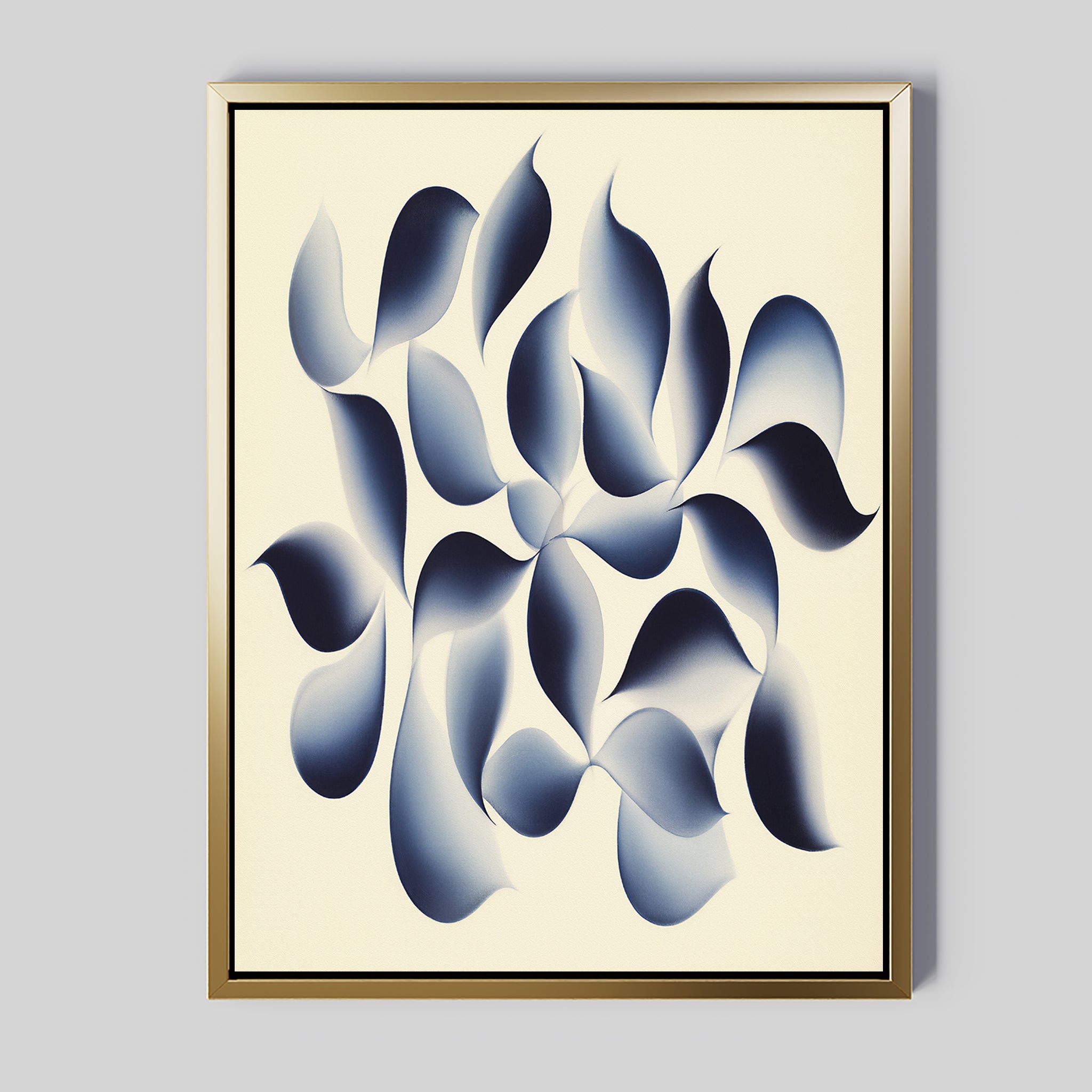 Flowing Shadows Canvas Art - Vertical showcases soft blue gradient shapes like leaves or petals in a gold frame, arranged organically on a light background—ideal calming wall art for modern living room decor.