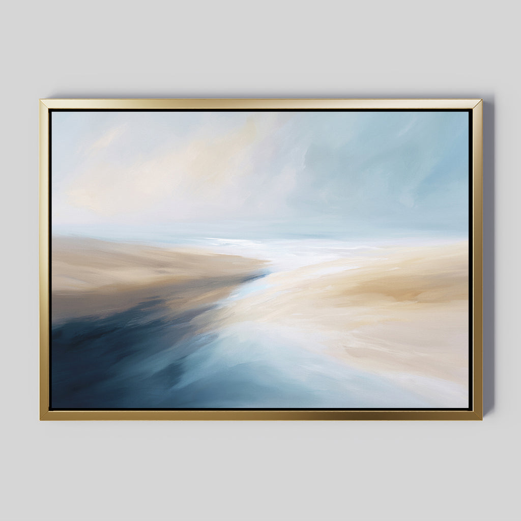 Fluid Motion Canvas Art - Horizontal features soft, flowing brushstrokes in blue, beige, white, and tan for a coastal vibe. This framed abstract print is ideal for modern living rooms, especially on a light gray wall.