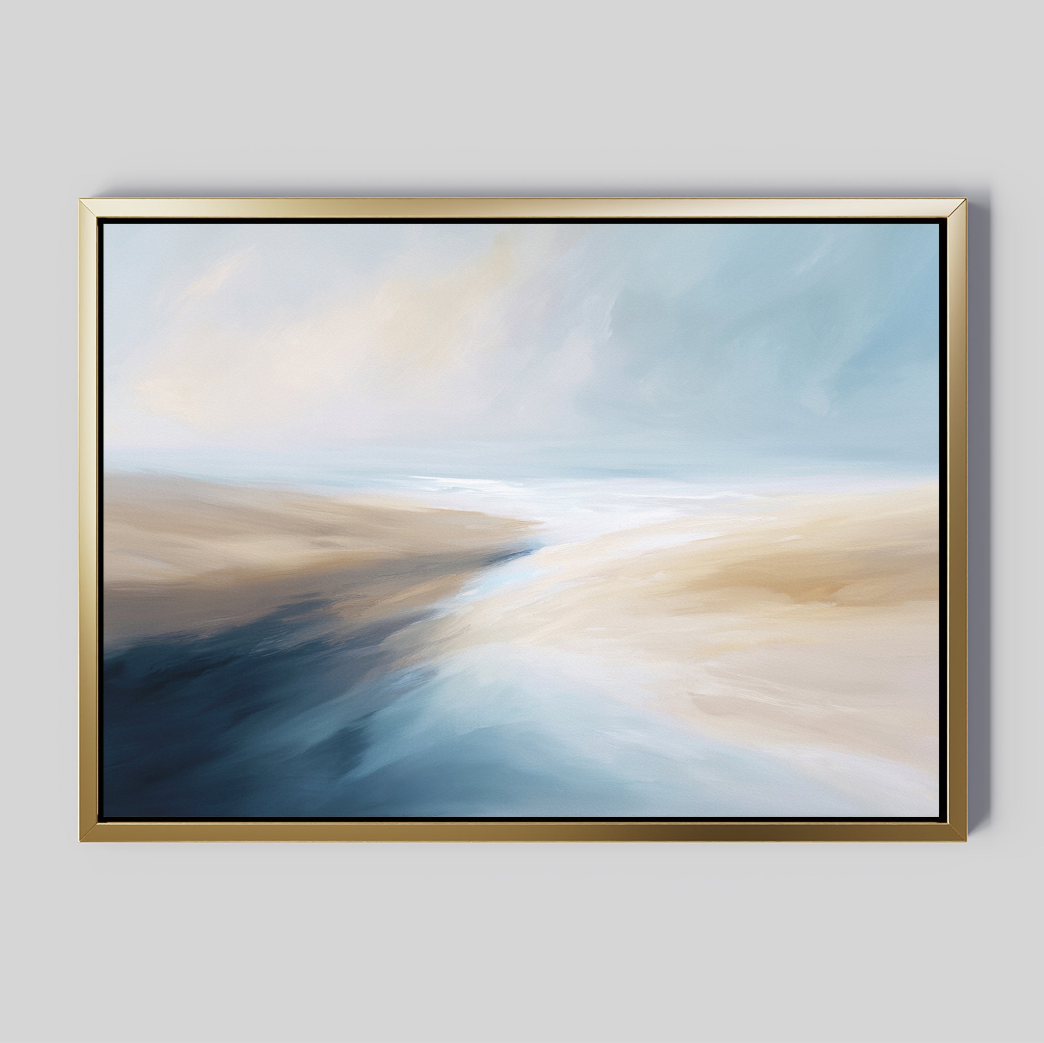 Fluid Motion Canvas Art - Horizontal features soft, flowing brushstrokes in blue, beige, white, and tan for a coastal vibe. This framed abstract print is ideal for modern living rooms, especially on a light gray wall.