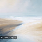 Fluid Motion Canvas Art - Horizontal features soft, abstract brushstrokes in beige, cream, and blue for a coastal vibe—ideal for modern living rooms. "Zoomed In Detail" appears in a translucent gray box at the lower left.