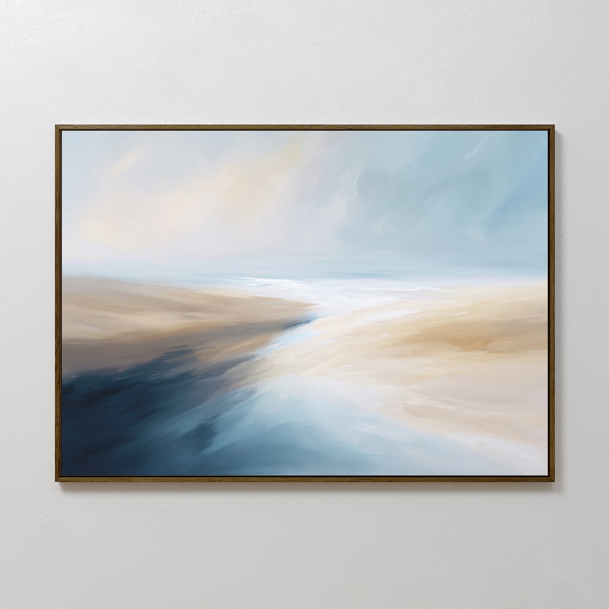 The Fluid Motion Canvas Art - Horizontal features soft blue, beige, and white tones in an abstract design, evoking a serene coastal vibe—an ideal modern accent for your living room.
