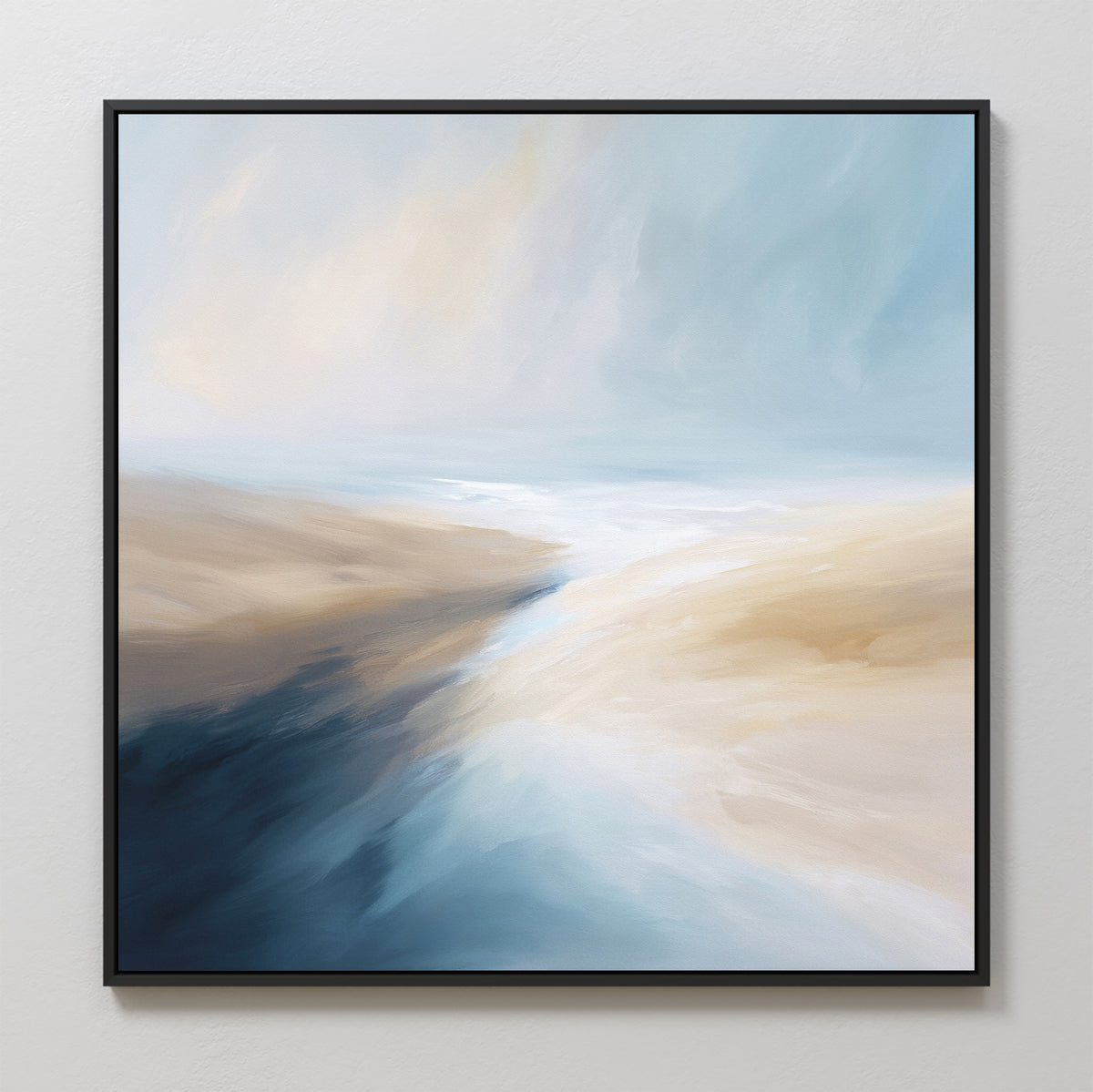 Fluid Motion Canvas Art - Square: Abstract painting with soft blue, beige, and white tones in a black frame evokes a tranquil seascape, bringing a soothing coastal vibe to modern living rooms.