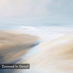 Soft, abstract Fluid Motion Canvas Art - Square features gentle swirls of beige, tan, and off-white blending into blue and pale sky tones—ideal for modern living rooms with a serene coastal vibe. “Zoomed In Detail” is shown in the lower left corner.