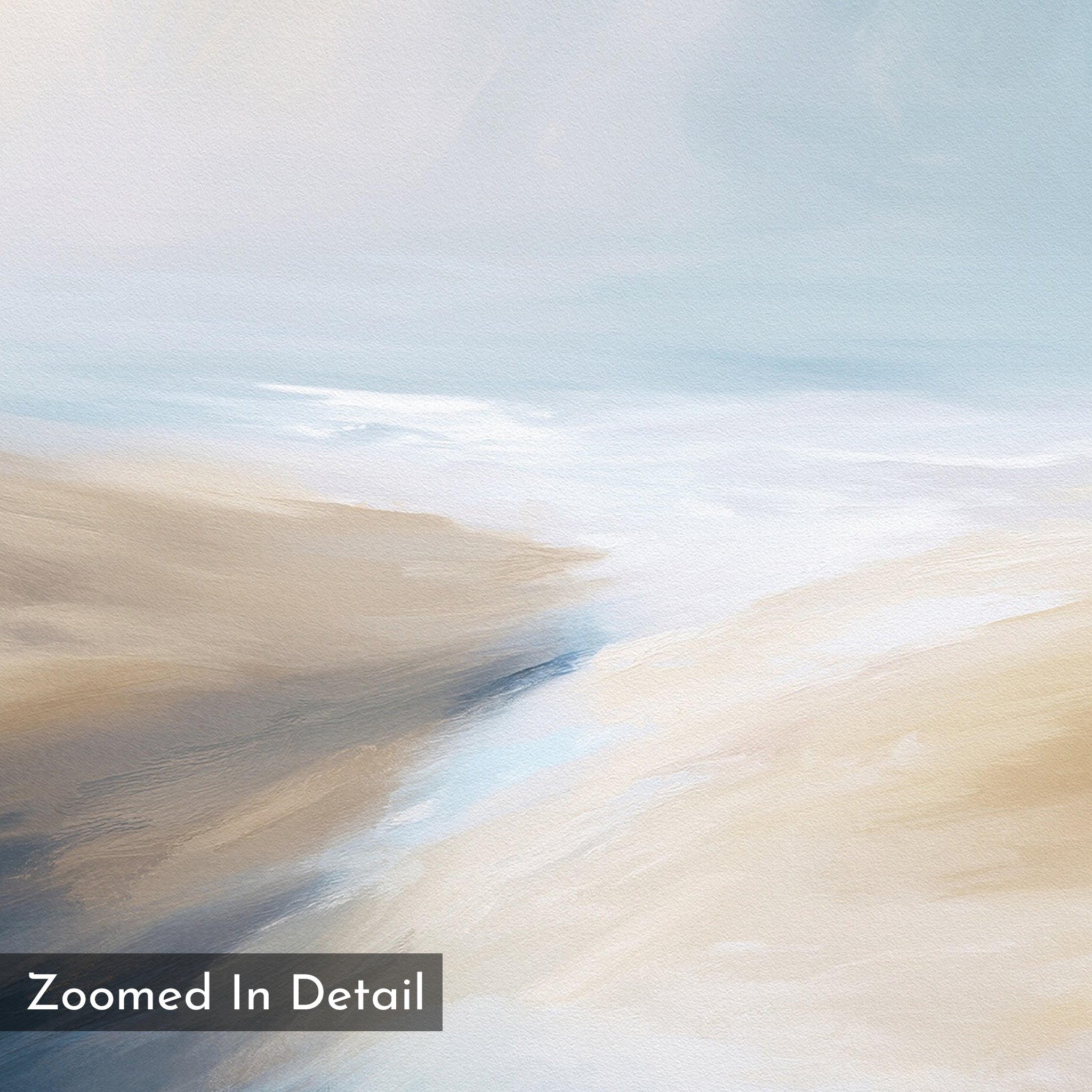 Soft, abstract Fluid Motion Canvas Art - Square features gentle swirls of beige, tan, and off-white blending into blue and pale sky tones—ideal for modern living rooms with a serene coastal vibe. “Zoomed In Detail” is shown in the lower left corner.
