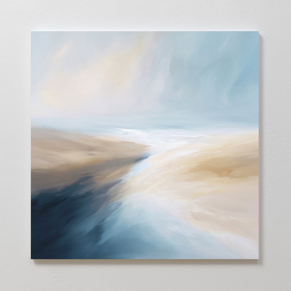 Add a calming coastal vibe to your modern living room with the Fluid Motion Canvas Art - Square, featuring soft brushstrokes in pale blue, beige, and white for a serene sky and stream-inspired abstract landscape.