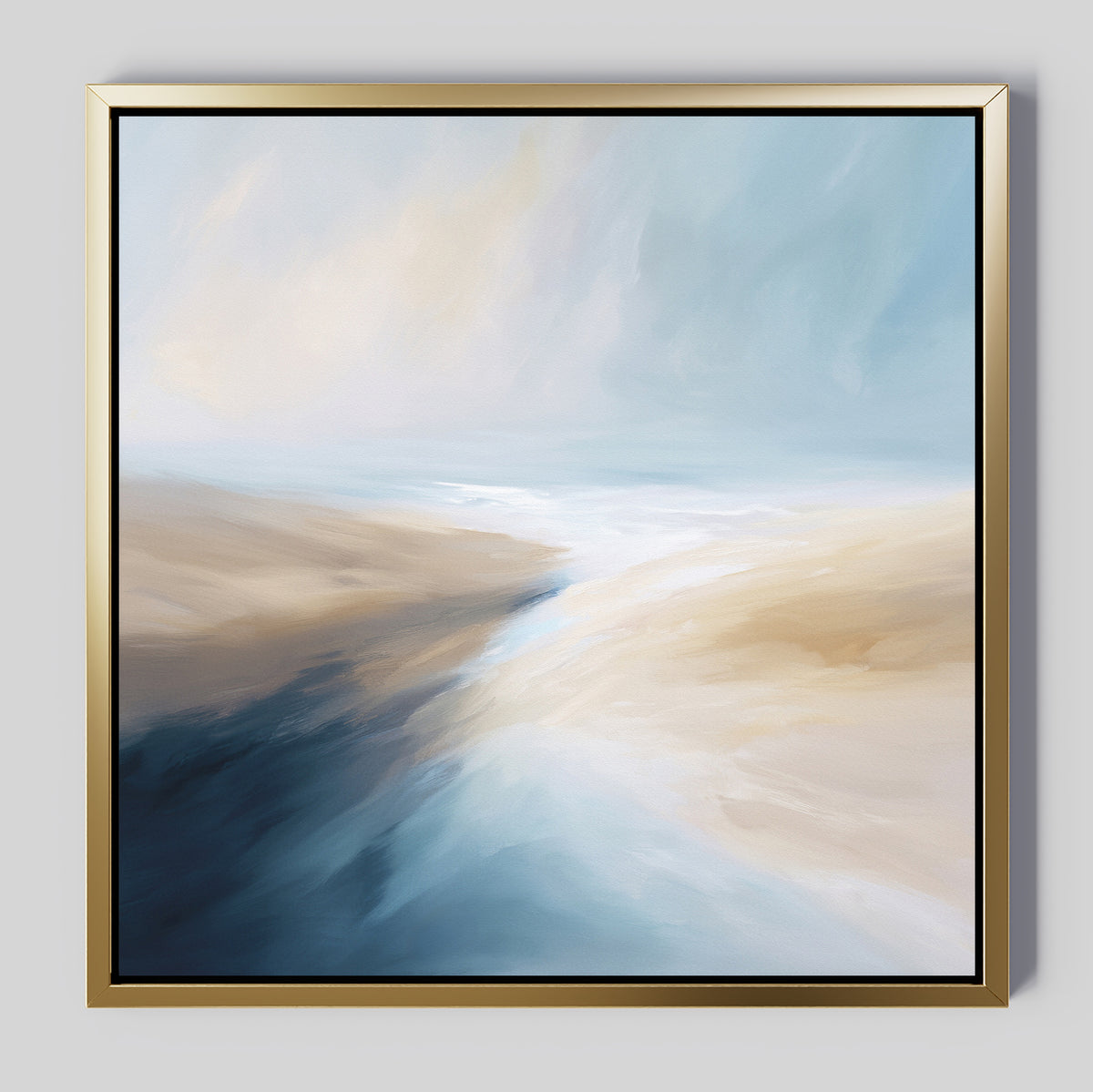 The Fluid Motion Canvas Art - Square features soft, blended blue, beige, and white tones in a gold frame, evoking a serene coastal vibe—ideal for modern living rooms seeking elegant abstract landscape decor.