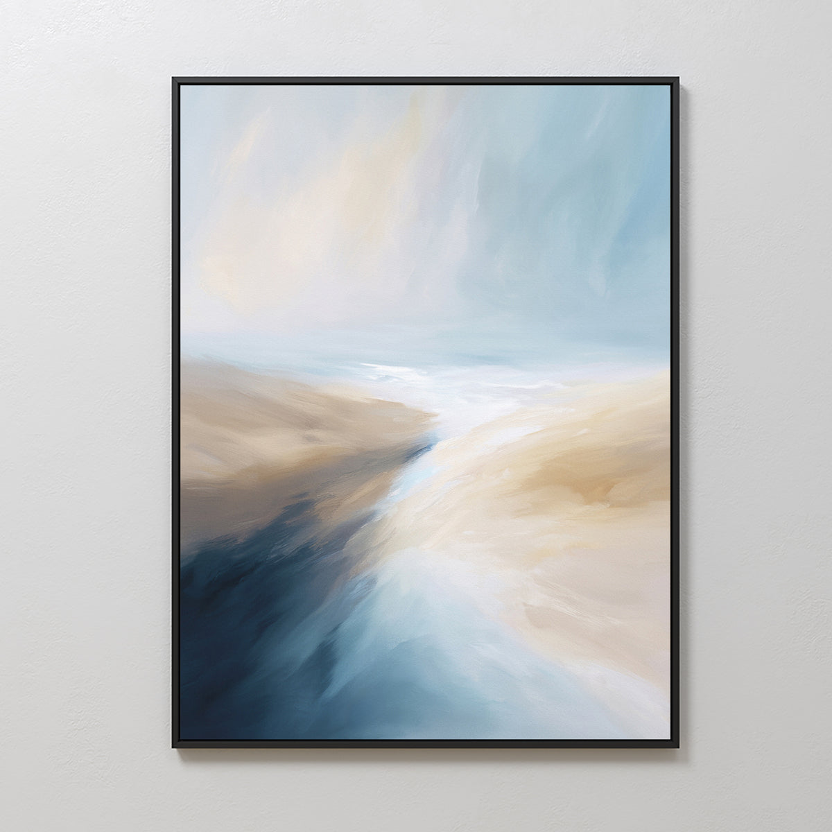 Fluid Motion Canvas Art - Vertical features soft, blended blue, beige, and white tones in a serene coastal landscape with a river winding through sand dunes beneath a cloudy sky—perfect modern living room wall art.