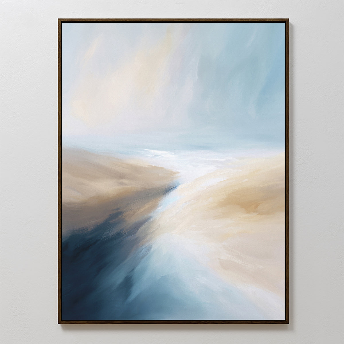 Fluid Motion Canvas Art - Vertical features soft, swirling blue, beige, and white tones that evoke a serene landscape—ideal as coastal wall art to elevate any modern living room decor.