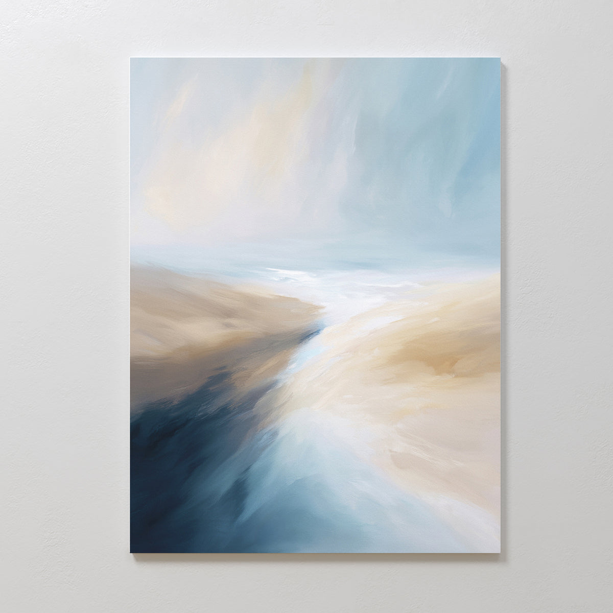 Fluid Motion Canvas Art - Vertical features soft, blended blues, beige, and white in a dreamy river landscape under a pastel sky. Smooth and impressionistic, it’s perfect coastal wall art for modern living room decor.